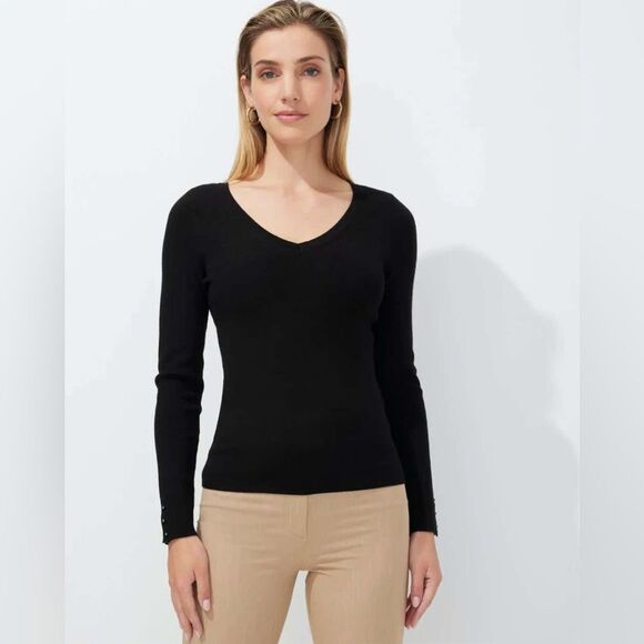 White House Black Market Ribbed Black V-neck Sweater Pullover Sz S - Picture 1 of 14